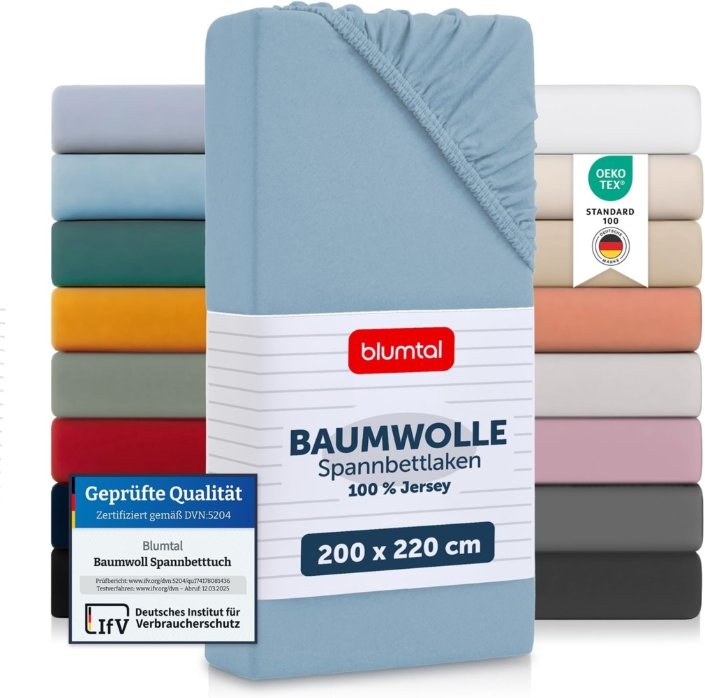 Blumtal® Baumwolle Spannbettlaken 200x220 cm Basics Jersey - Bettbezug 200x220 cm - Oeko-TEX zertifiziertes Spannbetttuch 200x220 cm - Matratzenbezug 200x220 cm - Bettbezug - Leintuch - Dusk Blue Bild 1