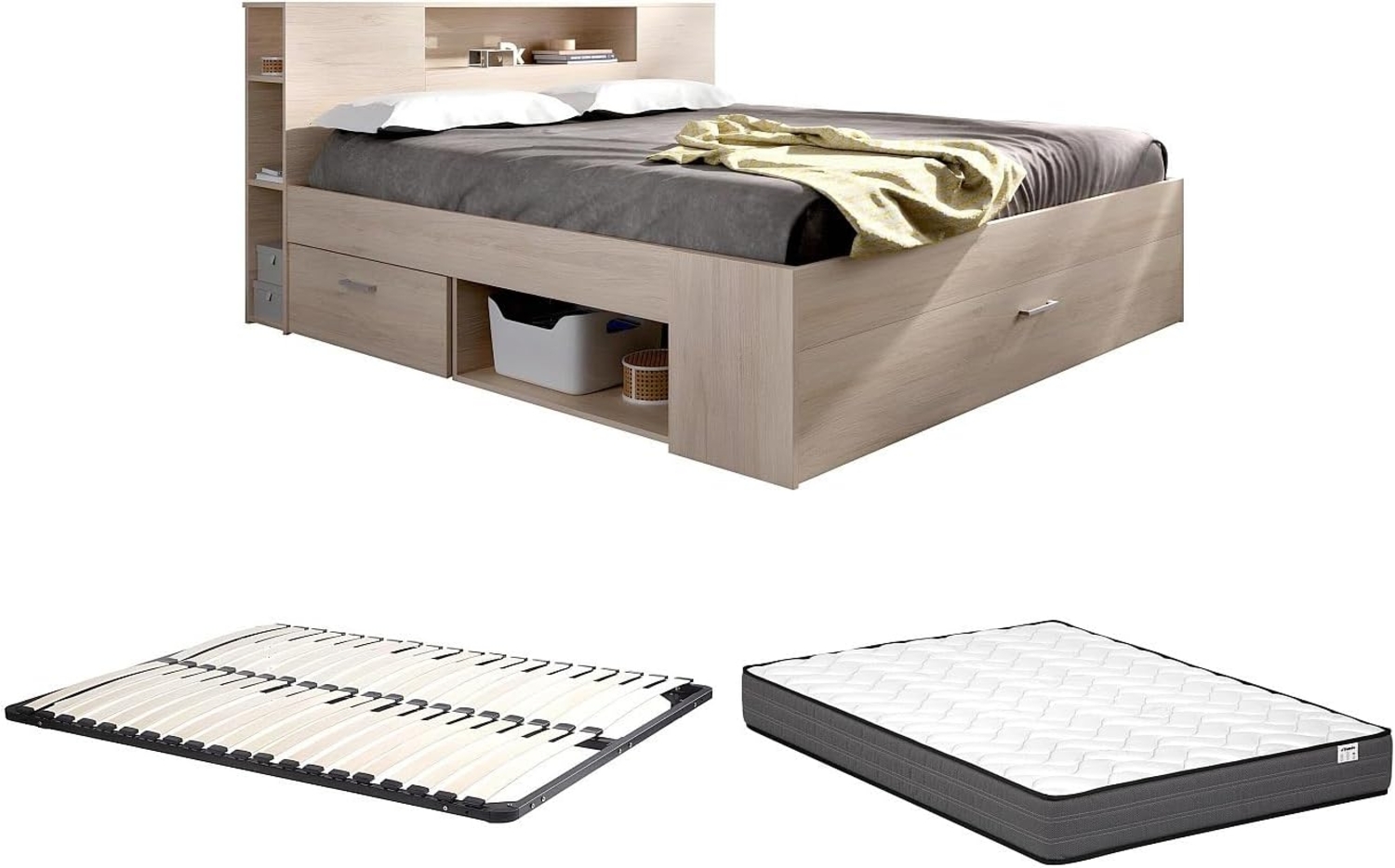 Vente-unique - Bett mit Kopfteil, Stauraum & Schubladen + Lattenrost + Matratze - 160 x 200 cm - Holzfarben - LEANDRE Bild 1