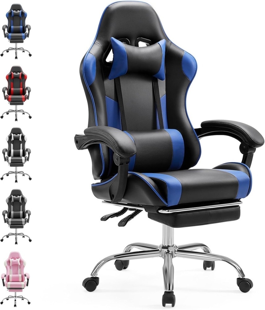 Sweetcrispy Gaming Stuhl,Ergonomischer Bürostuhl mit Fußstütze,Gamer PC Stühle mit Kopfstütze Lendenkissen,90-150° einstellbar Gaming Chair,Leder Drehbar Schreibtischstuhl Computerstuhl,Blau Bild 1