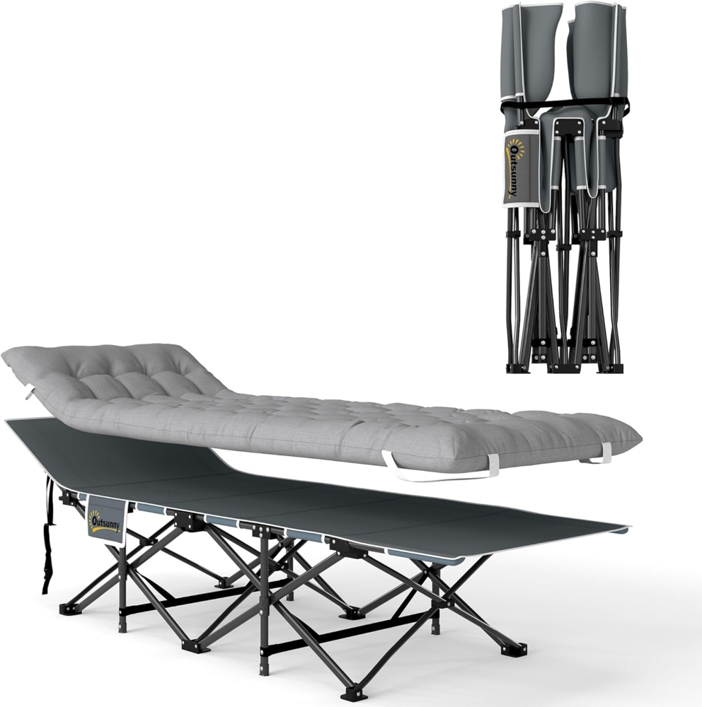 Outsunny Feldbett mit Matratze, Kopfkissen, Seitentasche (Gästebett bis 150 kg, 1-St, faltbar Campingbett) 190 x 65 x 37 cm, für Outdoor, Garten Camping Reisen Hellgrau Bild 1