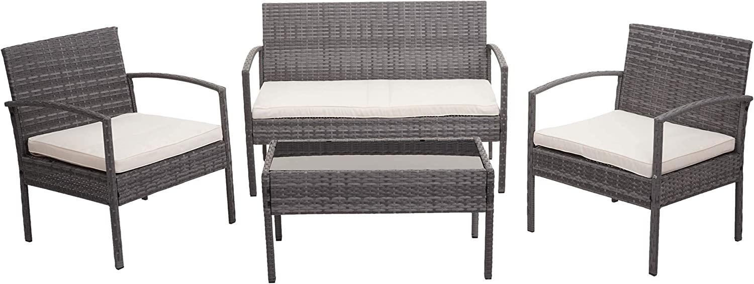 Poly-Rattan Garnitur HWC-F56, Balkon-/Garten-/Lounge-Set Sitzgruppe ~ grau, Kissen creme Bild 1