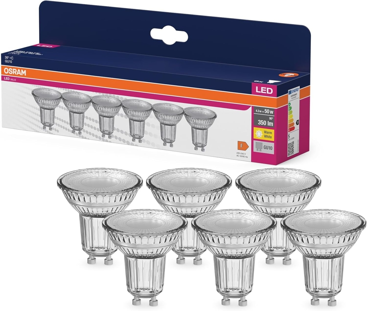 OSRAM LED Star VALUE PAR16, Vorteilspack mit 6 Leuchtmittel, ersetzt herkömmliche 50W Reflektor Glühbirnen, warmweiß (2700K), 4.3W, GU10 Sockel, Filament Glas, nicht dimmbar Bild 1