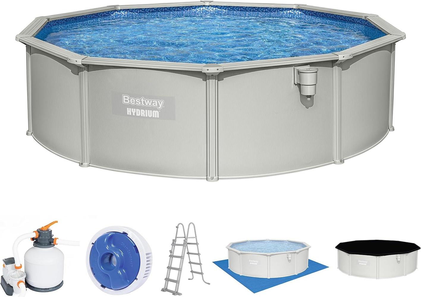 Bestway 'Hydrium™ Ø 460 x 120 cm' Stahlwandpool Komplettset mit Sandfilteranlage, Anschlüssen, Leiter, Abdeckplane, Bodenplane, Chemikaliendosierer Bild 1