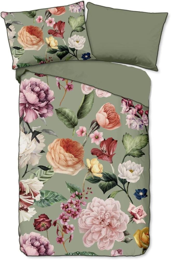 Descanso Mako Satin Bettwäsche 3 teilig Bettbezug 200 x 200 cm Kissenbezug 80 x 80 cm Fiori Green Bild 1