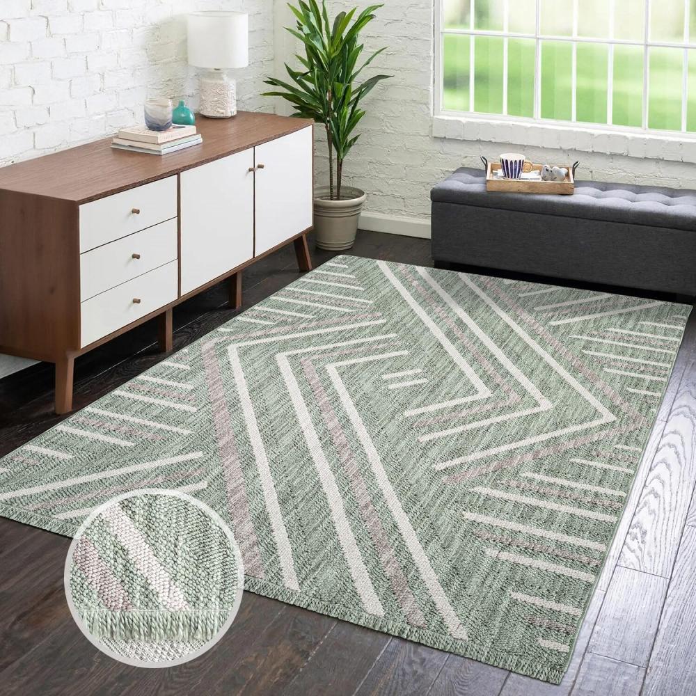 carpet city Teppich Kurzflor Wohnzimmer - Grün - 200x290 cm - Teppiche Fransen Boho-Style - Geo-Muster - Schlafzimmer, Esszimmer Bild 1