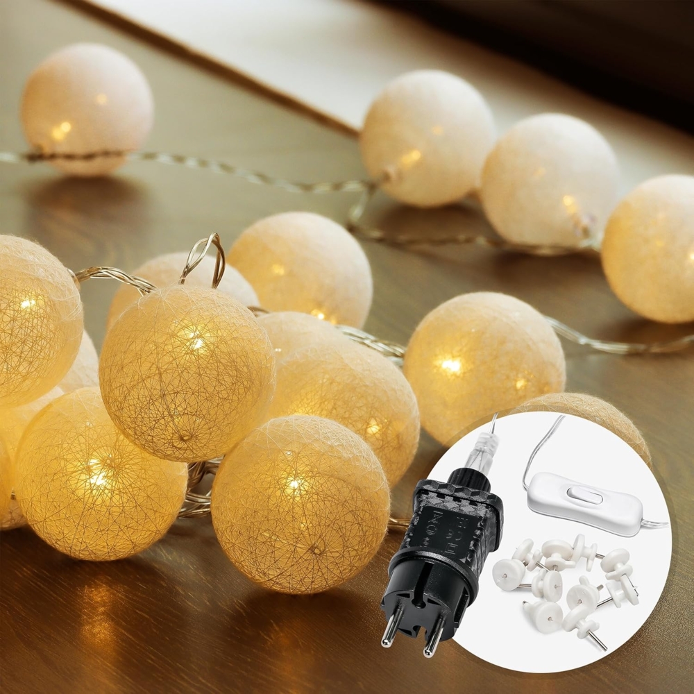 COZY HOME LED-Lichterkette Cotton Balls - Strombetrieben, 20 LED I 6m I Warmweiße LED-Cotton Ball I Hausbett Bunt Deko Bild 1