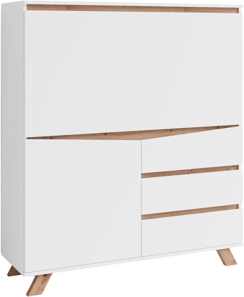 byLIVING Sekretär VALENTIN / Sekretär matt weiß mit Absetzung in Eiche-Optik / Office-Schrank mit 1 Tür und 3 Schubkästen / Scandi-Style / Grifflos / B 120, H 127, T 38 cm Bild 1