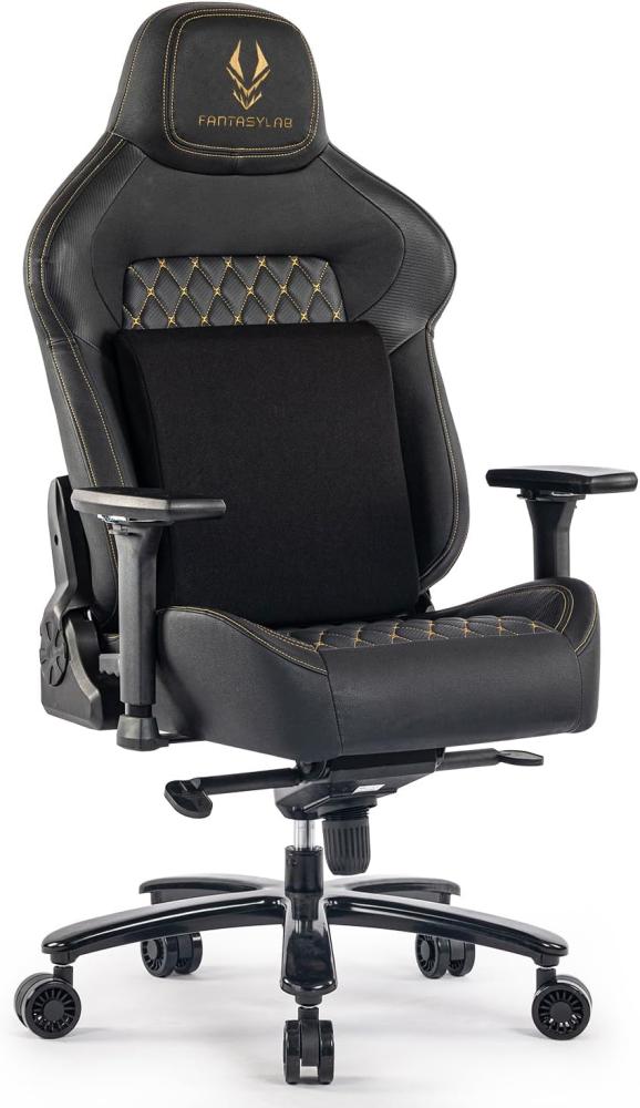 Fantasylab Gaming Stuhl 200KG Belastbarkeit Bürostuhl 200KG Verstellbare Armlehne 4D Gamer Stuhl mit Lendenwirbelstütze Chefsessel Ergonomischer Schreibtischstuhl Gaming Chair Schwarz/Golden Bild 1