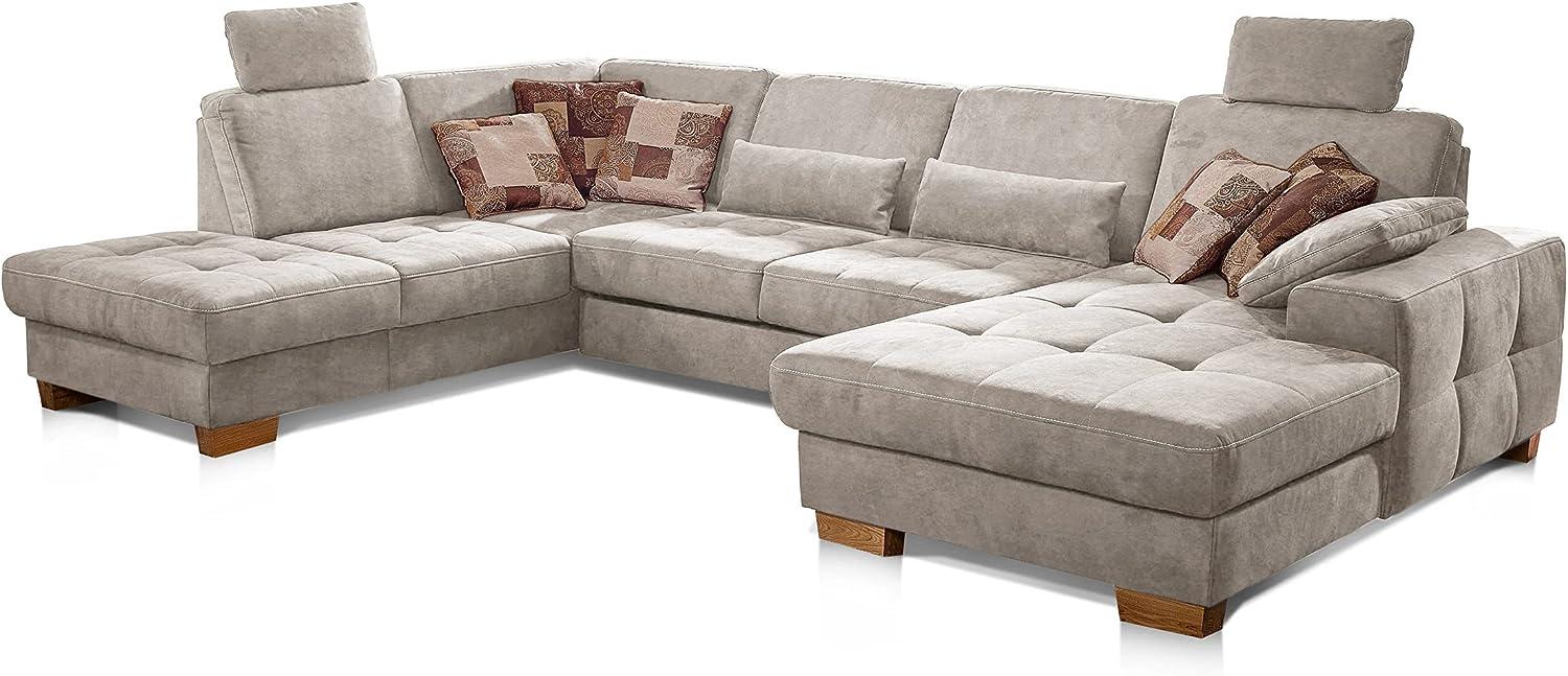 CAVADORE Wohnlandschaft Puccino mit Federkern, Bettfunktion, Bettkasten, Sitztiefenverstellung und 2 Kopfstützen / Sofa in U-Form im Landhausstil / 340 x 86 x 224 cm / Mikrofaser Creme Bild 1