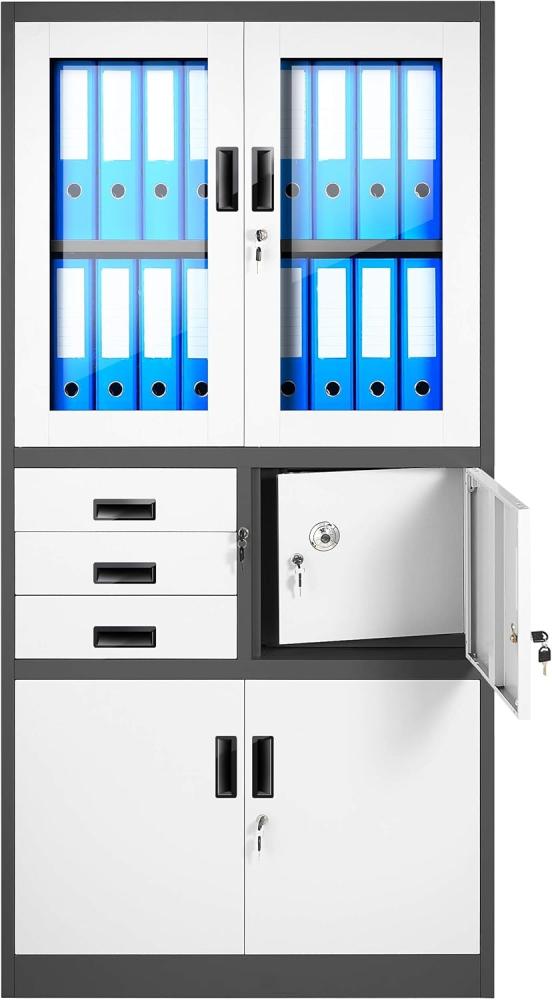 Jan Nowak Aktenschrank C018S Büroschrank Metallschrank Tresor Safe Geheimfach Flügeltüren Schubladen Pulverbeschichtung Stahlblech 185 x 90 x 40 cm (H x B x T) (Anthrazit-Weiß) Bild 1