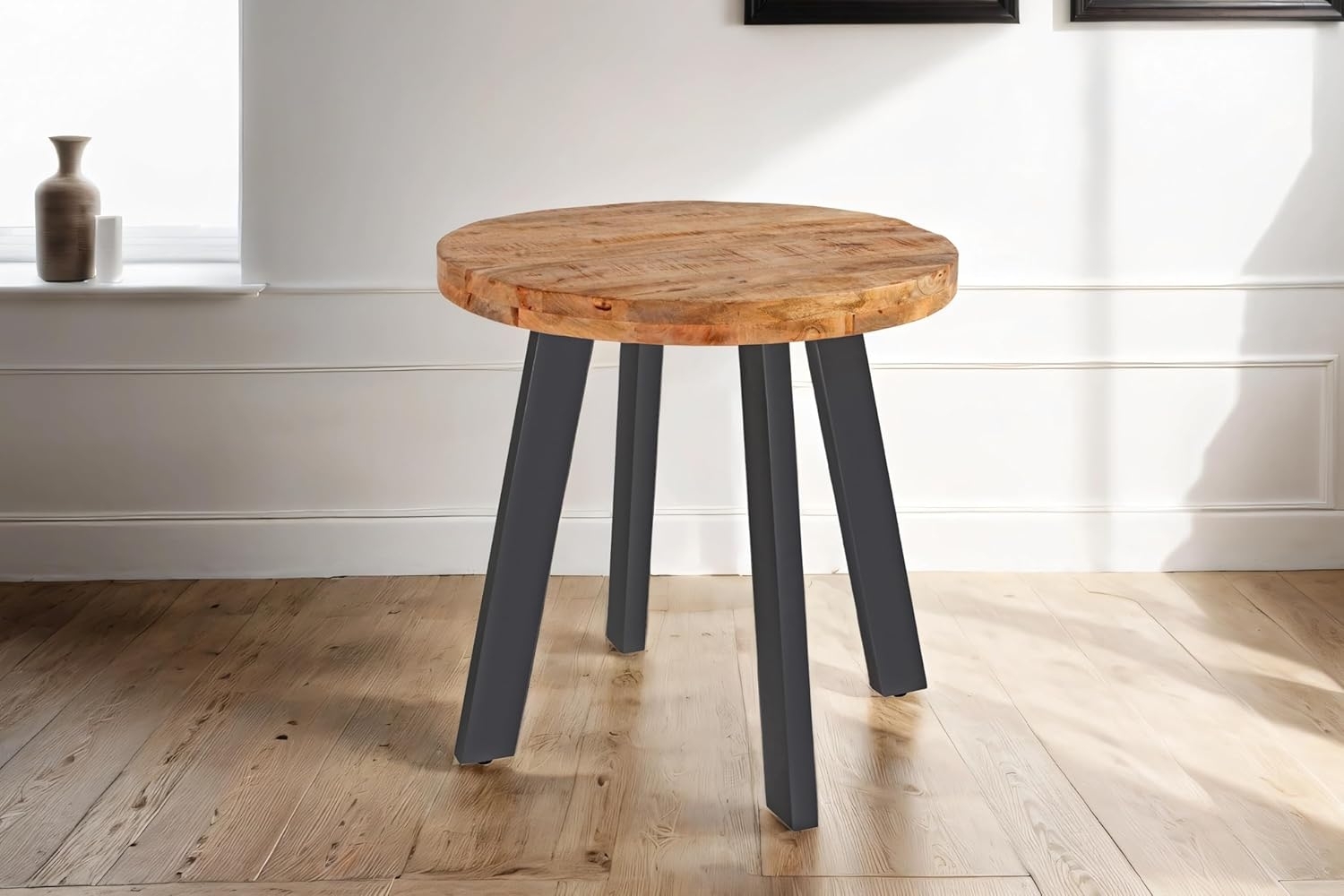 SAM Runder Esszimmertisch 90 cm Adelina, Mangoholz massiv & naturfarben, Esstisch im Used-Look, 4-Fuß-Gestell aus Metall schwarz, aufgedoppelte Tischplatte 50 mm (25+25mm), FSC® 100% Zertifiziert Bild 1