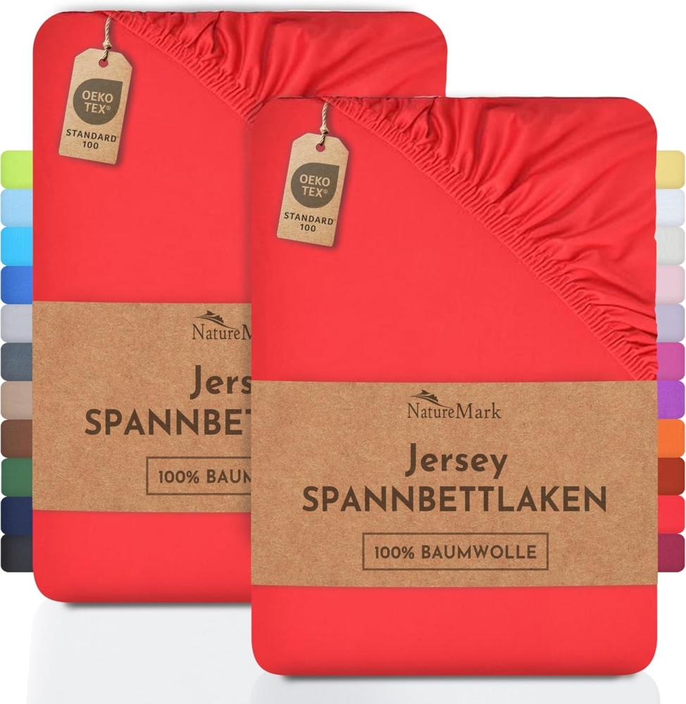 NatureMark 2er Pack Kinder Jersey Spannbettlaken, Spannbetttuch 100% Baumwolle in vielen Größen und Farben MARKENQUALITÄT ÖKOTEX Standard 100 | 70x140 cm - rot Bild 1