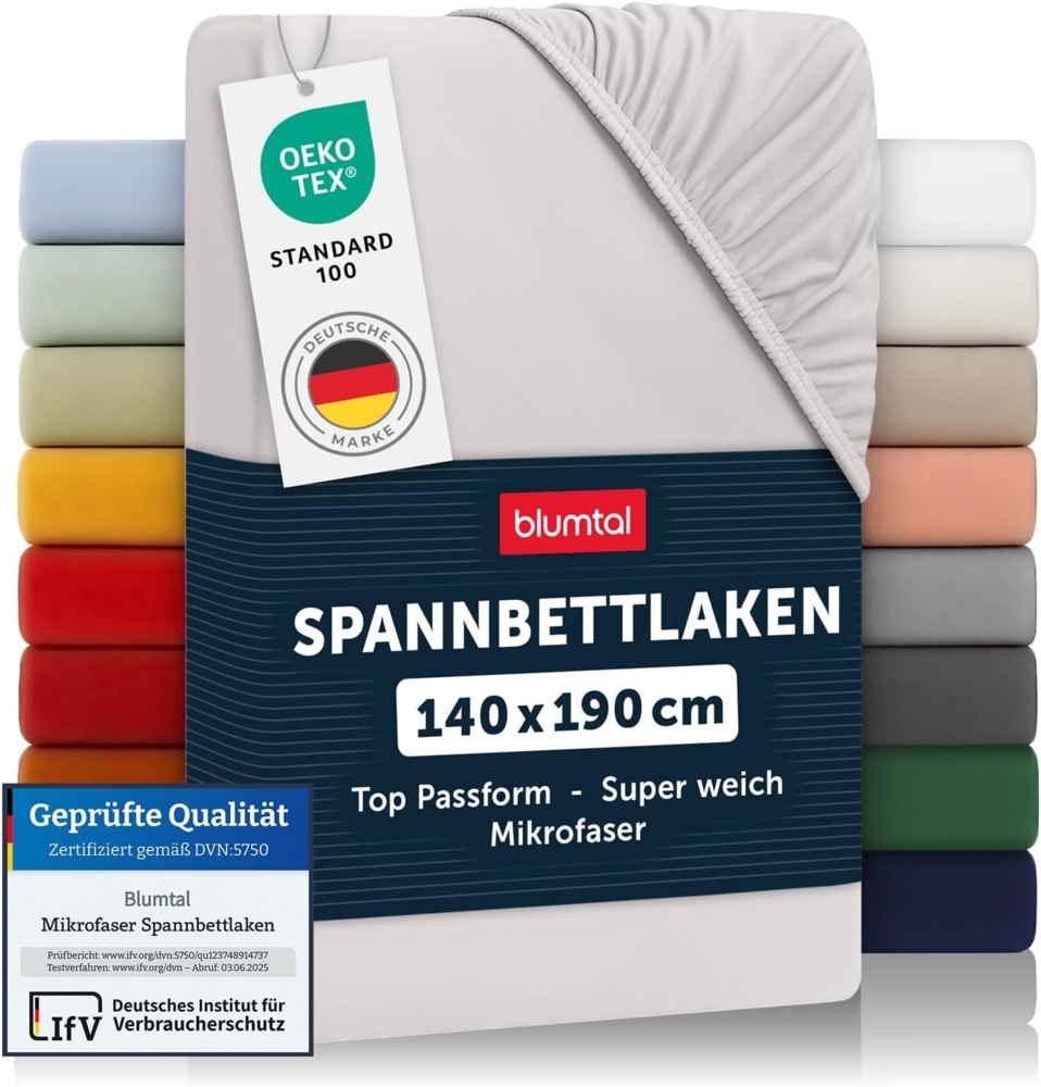 Blumtal® Spannbettlaken 140x190 cm - Bettlaken 140x190 aus Microfaser - Oekotex zertifiziertes Spannbetttuch 140x190 - Spannbettlaken 140x190 / Spannleintuch 140x190 - Bettlaken - Moonlight Grey-Grau Bild 1
