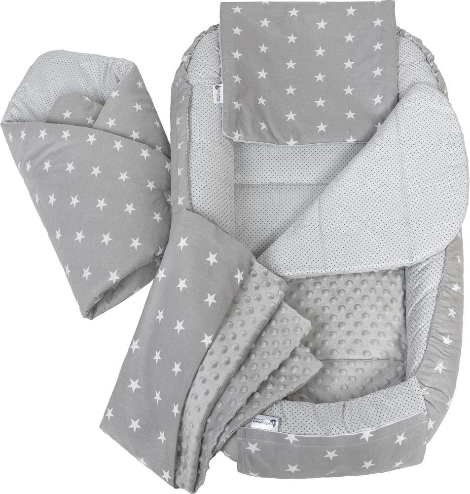 Medi Partners 5 teilig Babynestchen Set Babynest 100x60x15 herausnehmbarer Einsatz Bett Kuschelnest Krabbeldecke für Babys Neugeborene 100% Baumwolle (Graue Sternen mit Grauen Minky) Bild 1