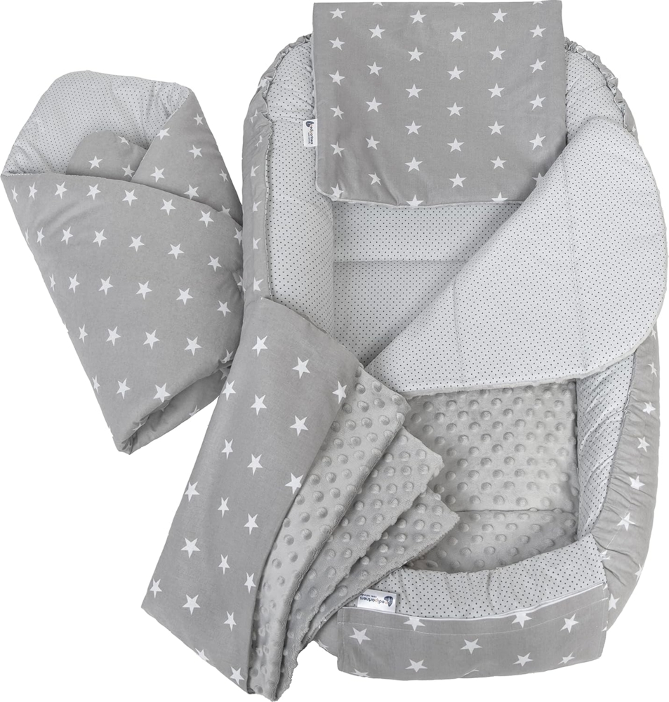 Medi Partners 5 teilig Babynestchen Set Babynest 100 x 60 x 15 herausnehmbarer Einsatz Bett Kuschelnest Krabbeldecke für Babys Neugeborene 100% Baumwolle (Graue Sternen mit Grauen Minky) Bild 1