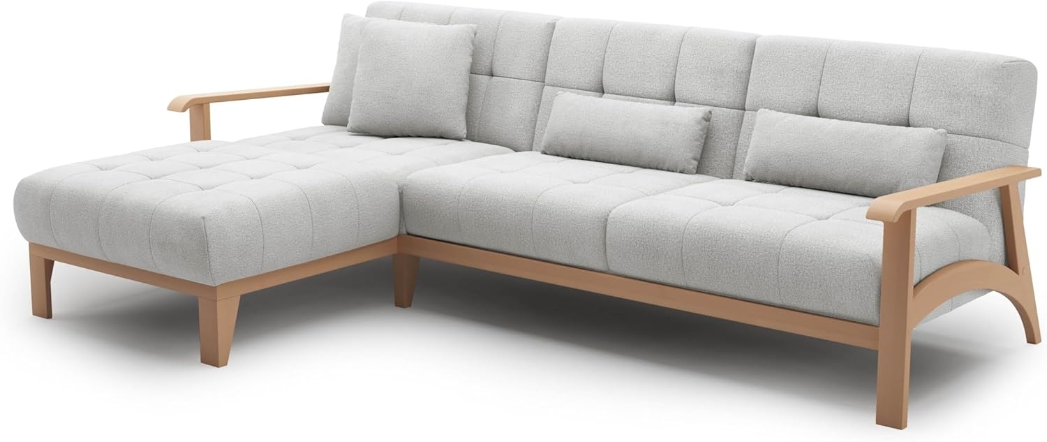 Cavadore Ecksofa Billan / Eckcouch im skandinavischen Design mit Longchair und massivem Holzgestell in Buche / 264 x 88 x 183 / Mehrfarbiger Strukturstoff, Hellgrau Bild 1