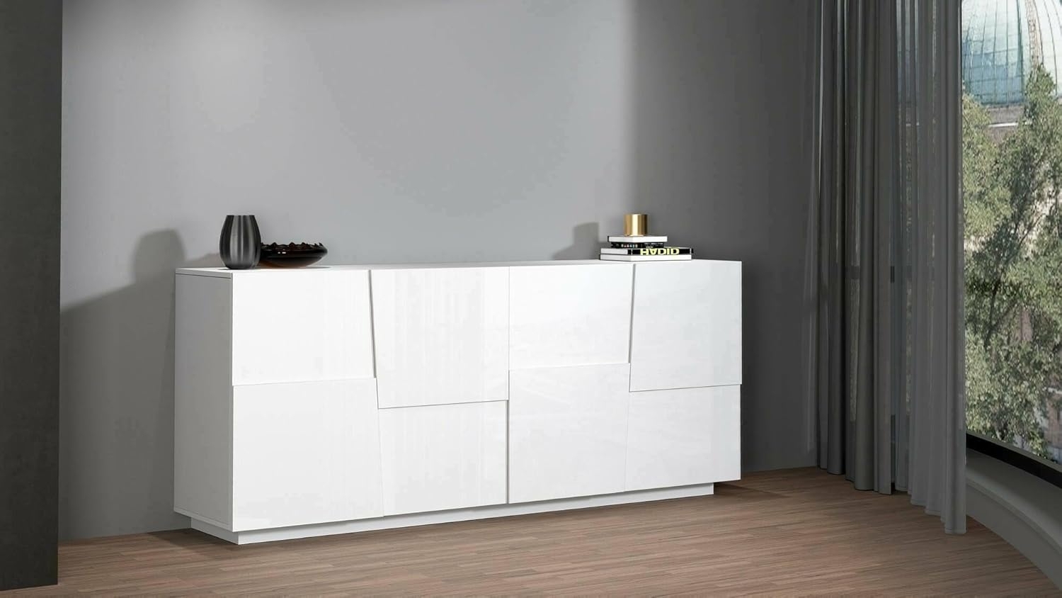 Dmora - Kommode Yago, Wohnzimmer-Buffet, modernes Wohnzimmer-Kommode mit 4 Türen, 200 x 44 x 86 cm, glänzendes Weiß Bild 1