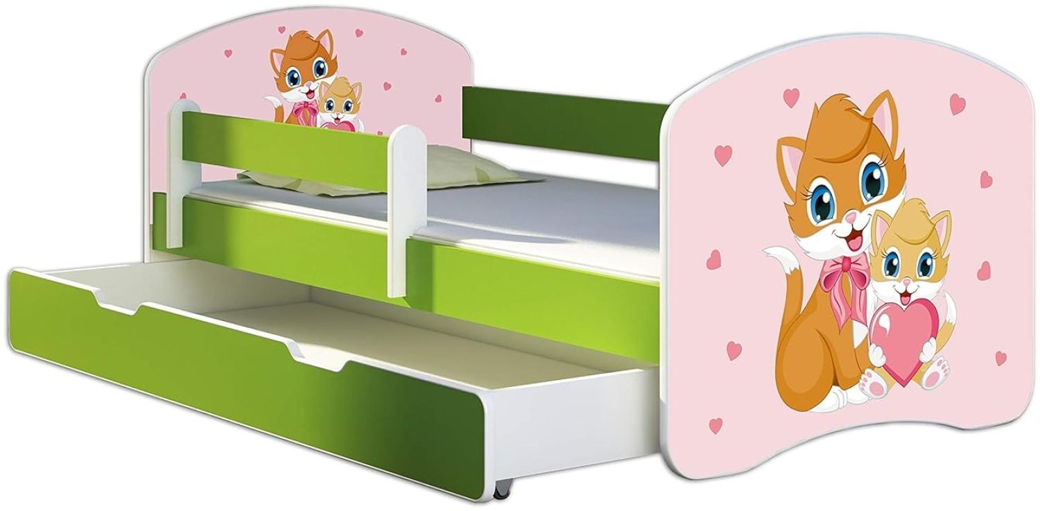 ACMA Kinderbett Jugendbett mit Einer Schublade und Matratze Grün mit Rausfallschutz Lattenrost II 140x70 160x80 180x80 (33 Miezekatzen, 140x70 + Bettkasten) Bild 1