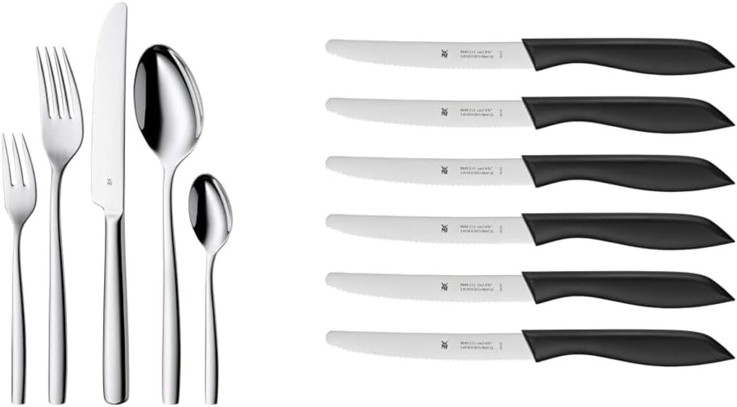 WMF Palma Besteck Set 12 Personen, Essbesteck 60 teilig Monobloc-Messer & Classic Line Frühstücksmesser Set 6-teilig 23 cm, Brötchenmesser Wellenschliff, Brotzeitmesser, schwarz Bild 1