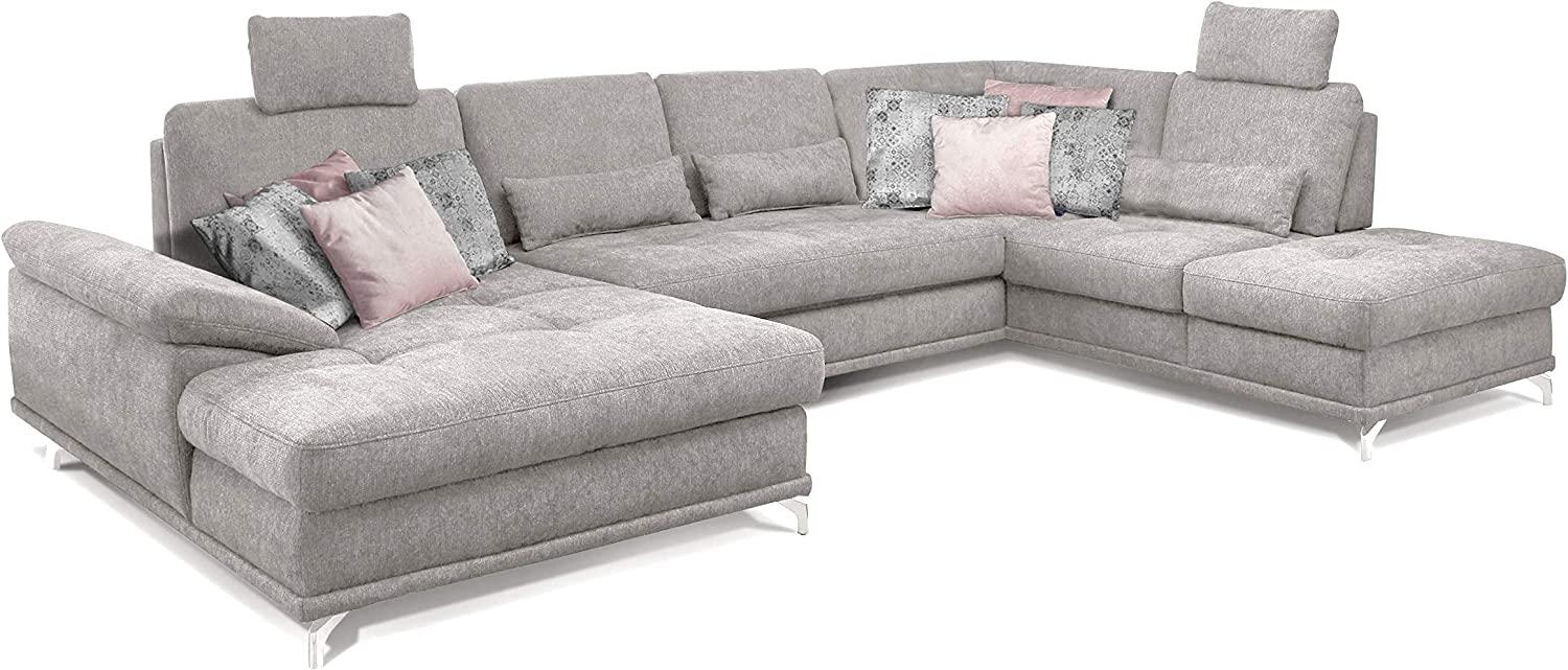 Cavadore Wohnlandschaft Castiel mit Federkern / Großes Schlafsofa in U-Form mit Bettkasten, Sitztiefenverstellung und Kopfstützen / 368 x 114 x 232 / Webstoff, Hellgrau Bild 1