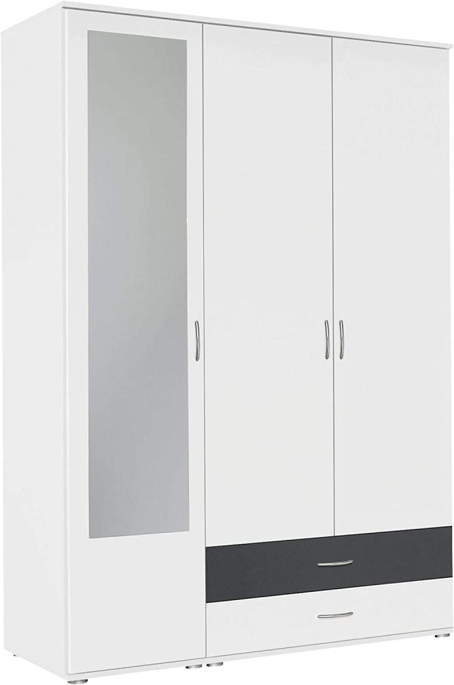 Rauch Möbel A9L92. 2R07 Noosa Schrank Drehtürenschrank, Weiß / Grau Metallic, 3-türig mit Spiegel und 2 Schubladen, inkl. Zubehörpaket Basic 1 Kleiderstange, 3 Einlegeböden BxHxT 127x188x52 cm Bild 1