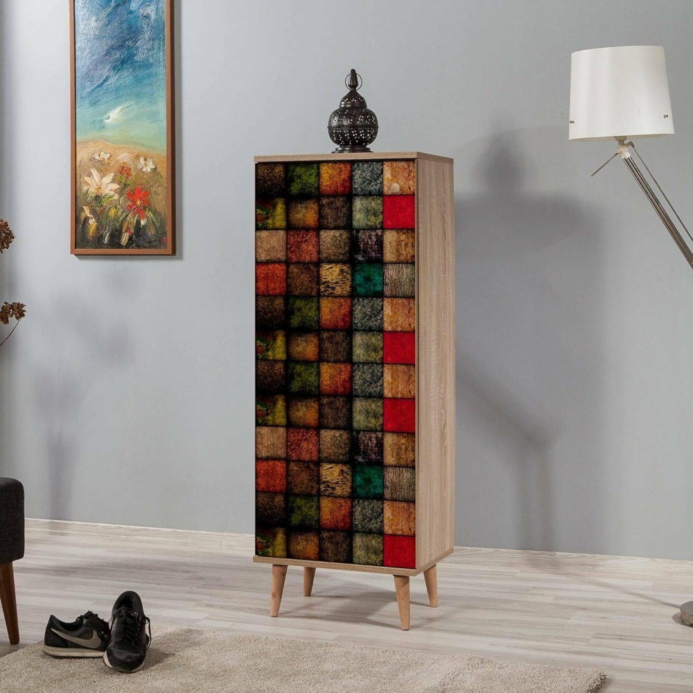 Dmora - Schuhschrank Cebalrai, Schuhregal, Mehrzweck-Eingangsgarderobe, Möbel für Schuhe, 50x38h135 cm, Eiche und Multicolor Bild 1