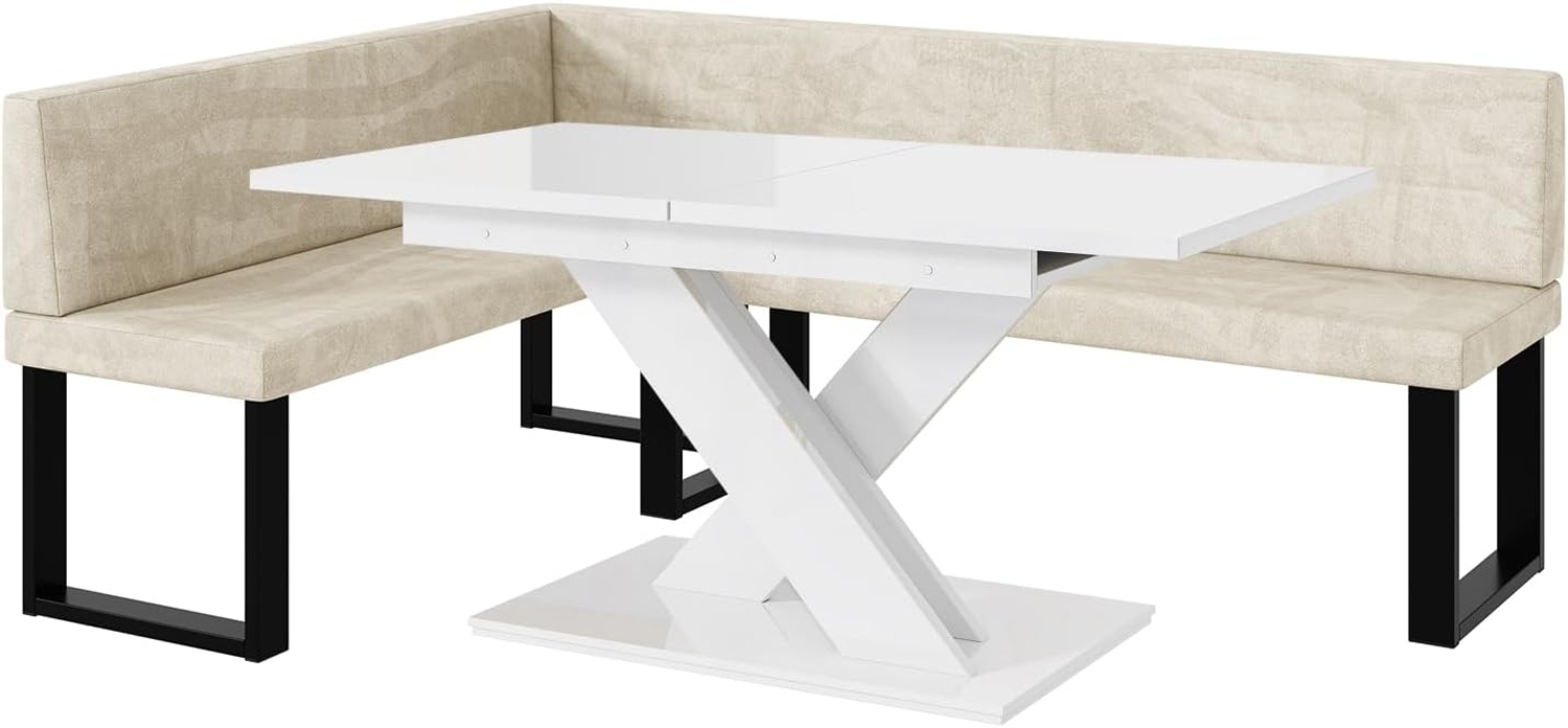 MEBLINI Eckbank für Esszimmer mit ausziehbarem Tisch - Küchenbank - Essecke - Sitzecke Küche - TONI - U-Beine 142x196x87cm Links - Creme Samt/B Weiß Hochgl. Bild 1