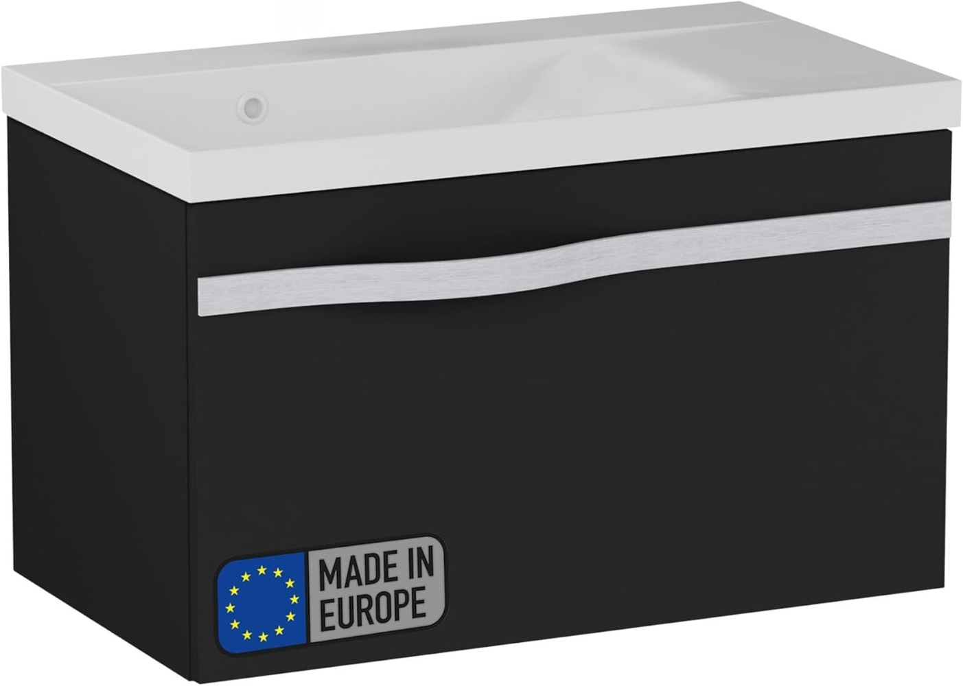 BADEDU FILS Waschbecken mit Unterschrank 69 cm breit, Schwarz, Waschbecken Gussmarmor Weiß, Griff Silber Bild 1