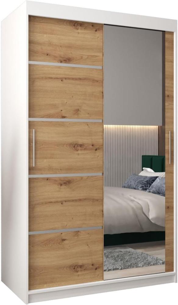 KRYSPOL Schwebetürenschrank Verona 2-120 cm mit Spiegel Kleiderschrank mit Kleiderstange und Einlegeboden Schlafzimmer-Wohnzimmerschrank Schiebetüren Modern Design (Weiß + Artisan Eiche) Bild 1