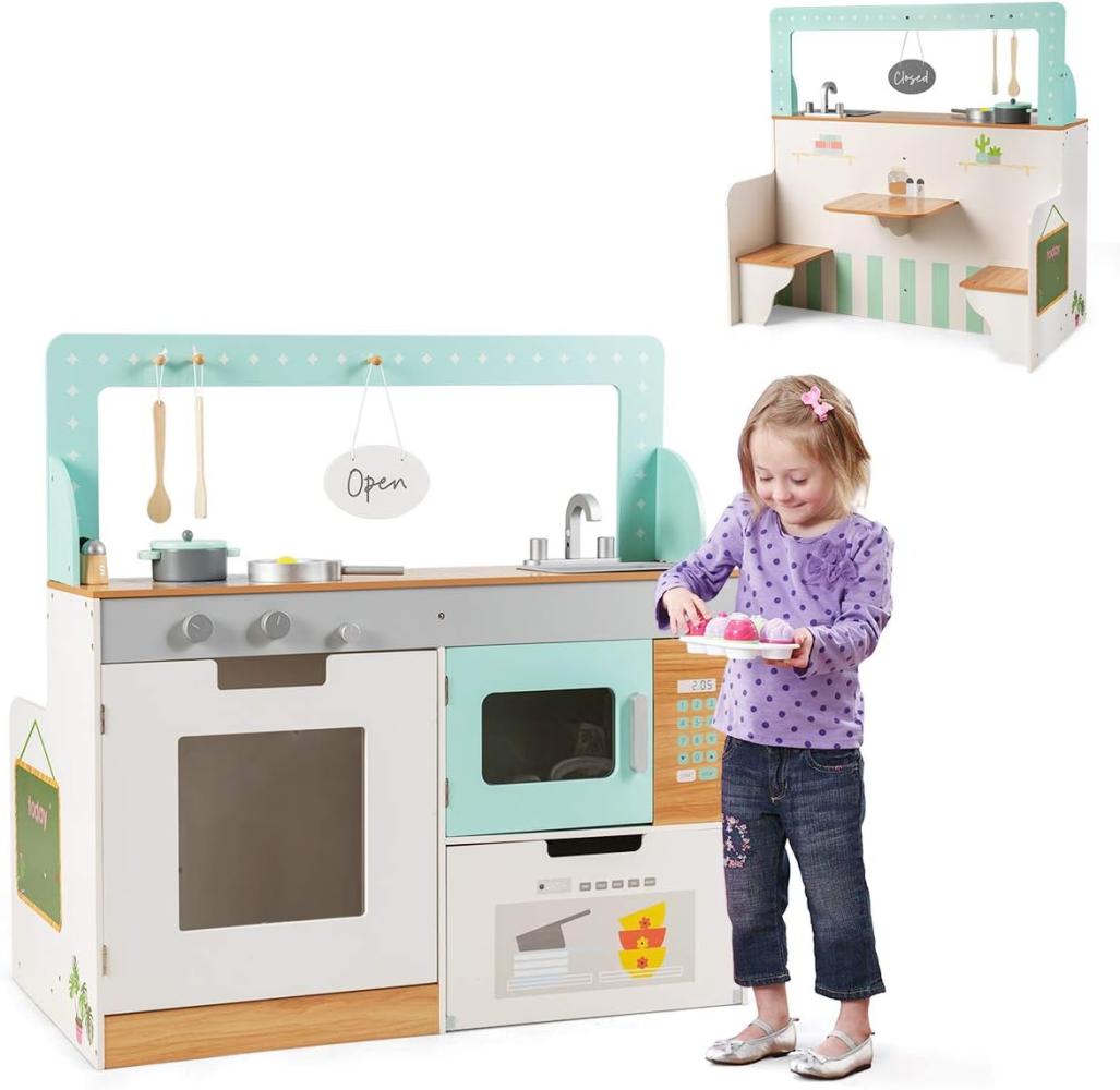 COSTWAY 2 in 1 Kinderküche mit Restaurant, doppelseitiges Rollenspiel Set, Spielküchemit Spüle, Herd, Mikrowelle, Ofen & Aufbewahrungsregalen,Kinderspielküche, Spielzeugküche für Kleinkinder Bild 1