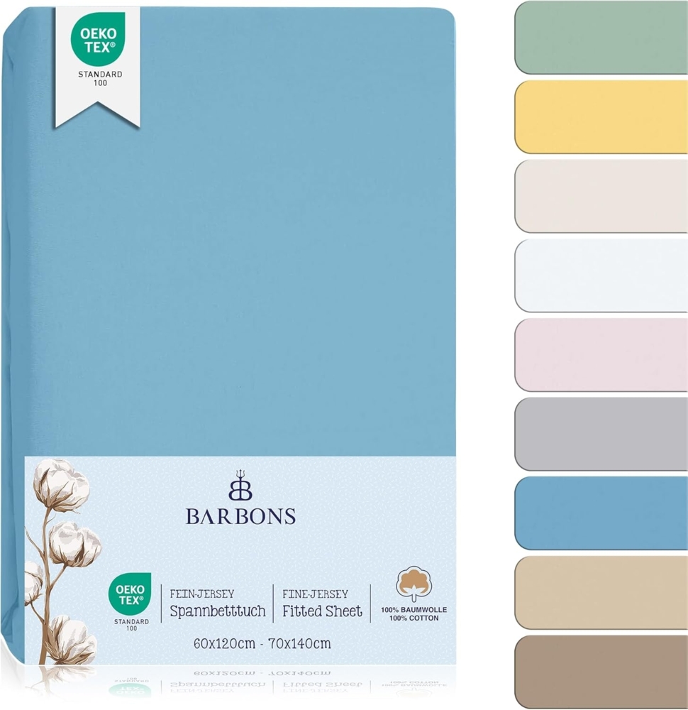 BARBONS Spannbettlaken für Baby/Kinderbett - 100% Jersey-Baumwolle Oeko-TEX Standard 100 Zertifiziert Bettlaken für Babybett (Hellblau - 2er - 60x120 cm / 70x140 cm) Bild 1