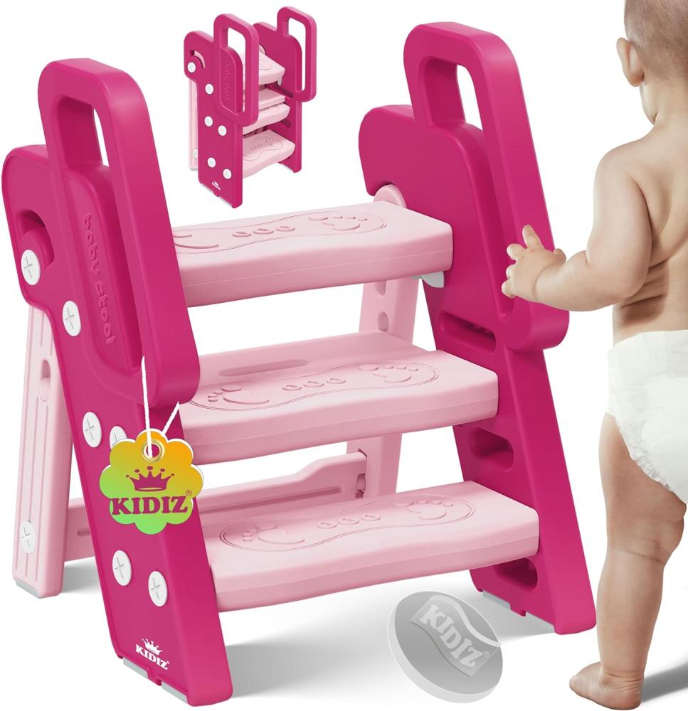 KIDIZ® Tritthocker für Kinder Trittleiter Klappbar mit 3 Stufen | Faltbarer Lern-Turm ab 18 Monaten bis 6 Jahren | Robust | Sicherer & Stabiler Trittschemel | Höhenverstellbar Rutschfest Pink / Rosa Bild 1