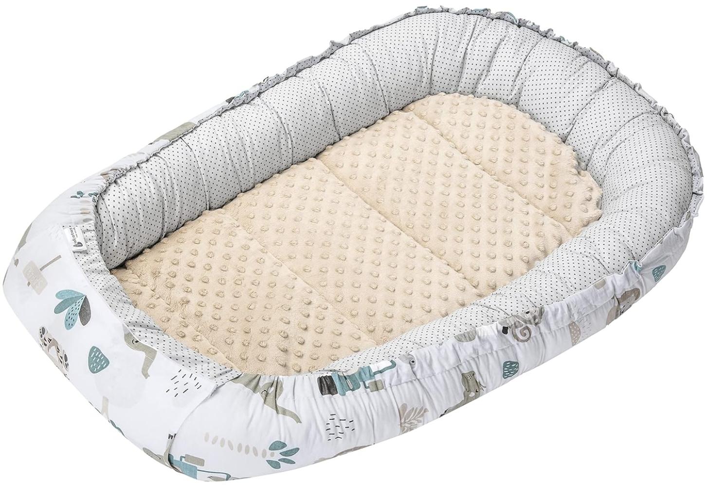 Medi Partners Babynest Kuschelnest Babynestchen 100% Baumwolle Nestchen Reisebett für Babys Säuglinge 100x60x15cm herausnehmbarer Einsatz (Mint Zoo mit beige Minky) Bild 1