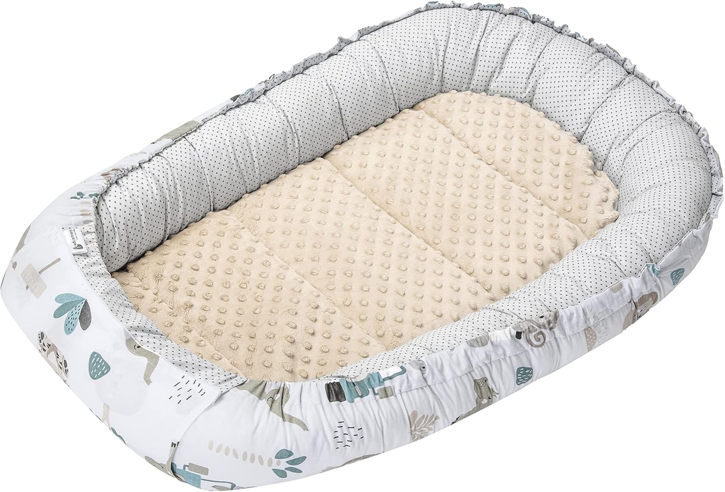 Medi Partners Babynest Kuschelnest Babynestchen 100% Baumwolle Nestchen Reisebett für Babys Säuglinge 100 x 60 x 15 cm herausnehmbarer Einsatz (Mint Zoo mit beige Minky) Bild 1