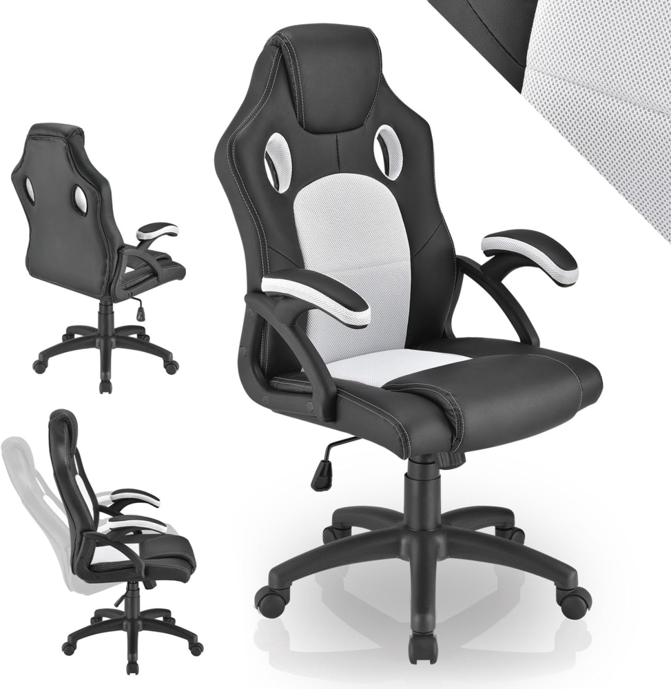 Juskys Racing Schreibtischstuhl Montreal (weiß) ergonomisch, höhenverstellbar & gepolstert, bis 120 kg - Bürostuhl Drehstuhl PC Gaming Stuhl Bild 1