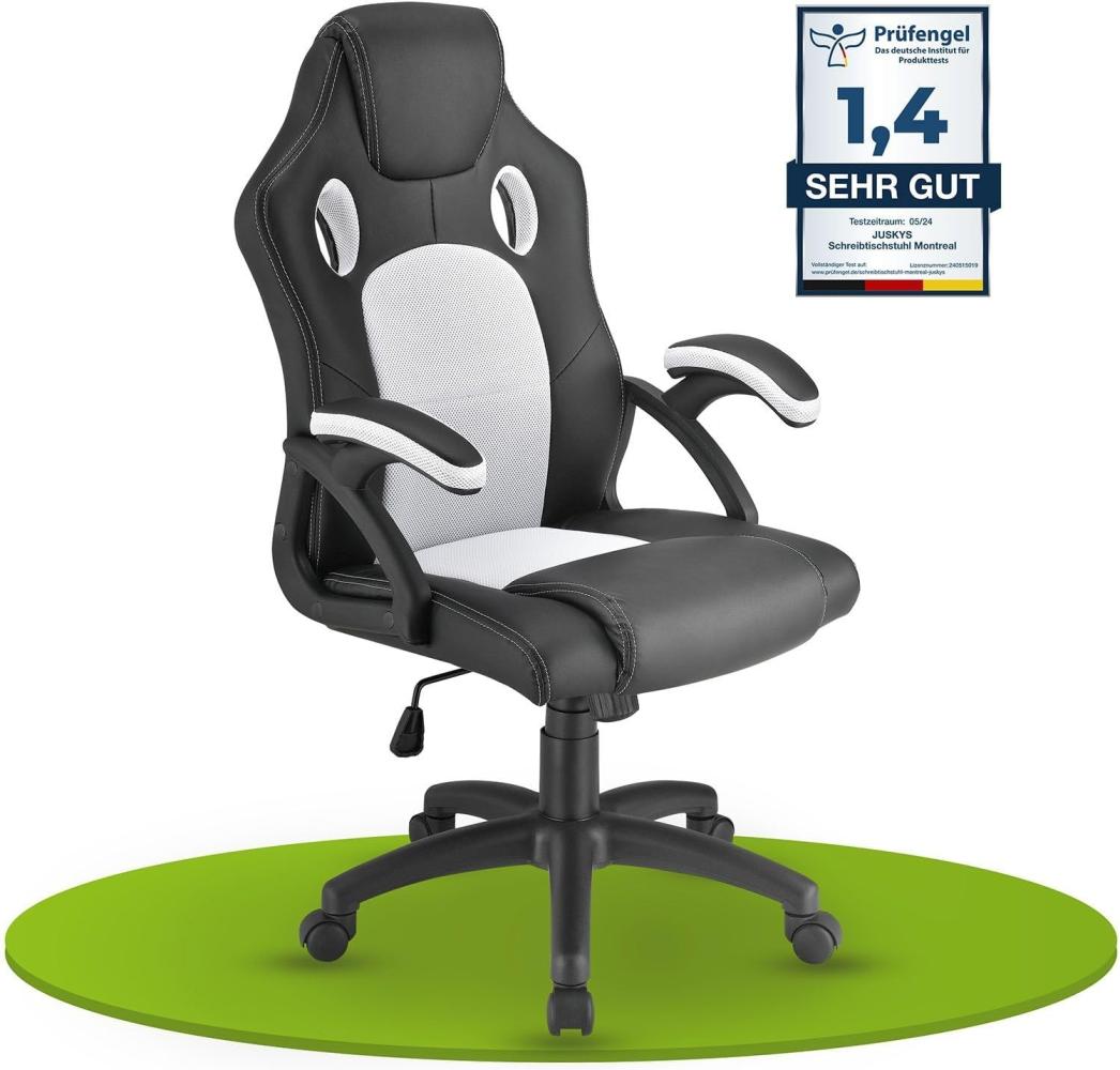 Juskys Racing Schreibtischstuhl Montreal (weiß) ergonomisch, höhenverstellbar & gepolstert, bis 120 kg - Bürostuhl Drehstuhl PC Gaming Stuhl Bild 1