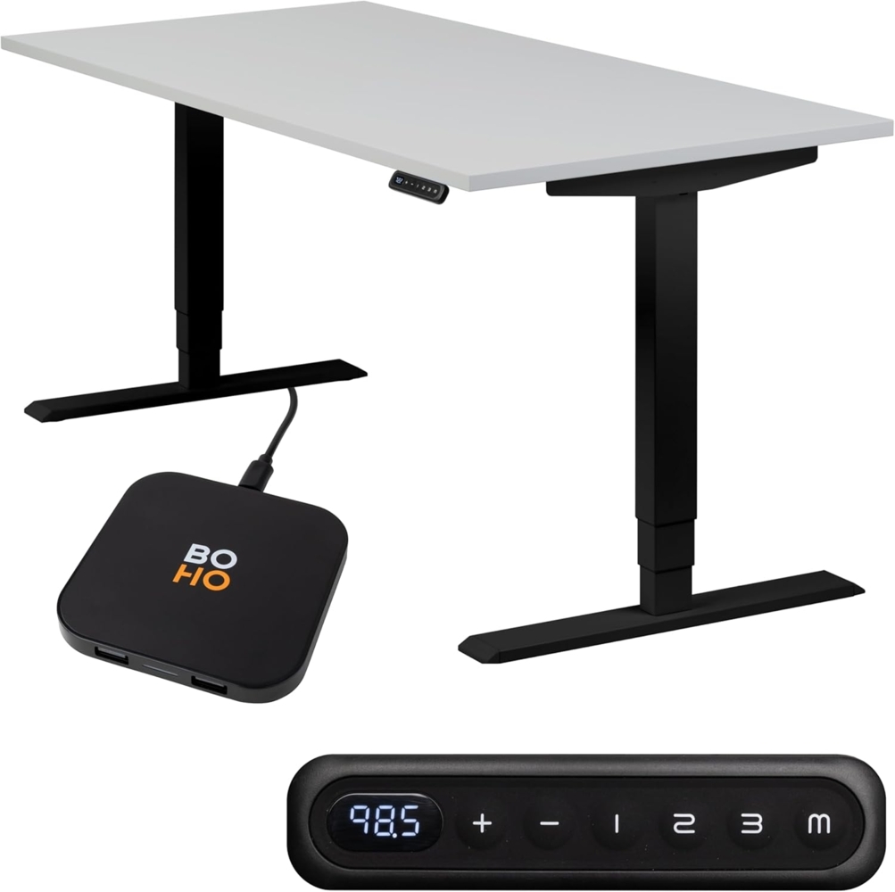 boho office® Homedesk - elektrisch stufenlos höhenverstellbares Tischgestell in Schwarz (RAL9005) mit Memoryfunktion, inkl. Tischplatte in 120x80 cm in Lichtgrau Bild 1