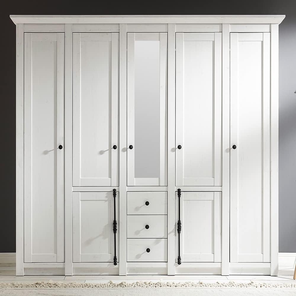 Großer Landhaus Kleiderschrank WINGST-61 mit Spiegel und Kleiderstankgen im Pinie weiß Nb. B/H/T ca. 227 x 206 x 64 cm Bild 1