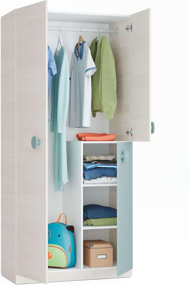 Dreitüriger Kleiderschrank mit Kleiderstange und drei Innenböden, Farbe weiß mit heller Holzoptik mit wassergrünem Türdetail, 90 x 200 x 52 cm. Bild 1
