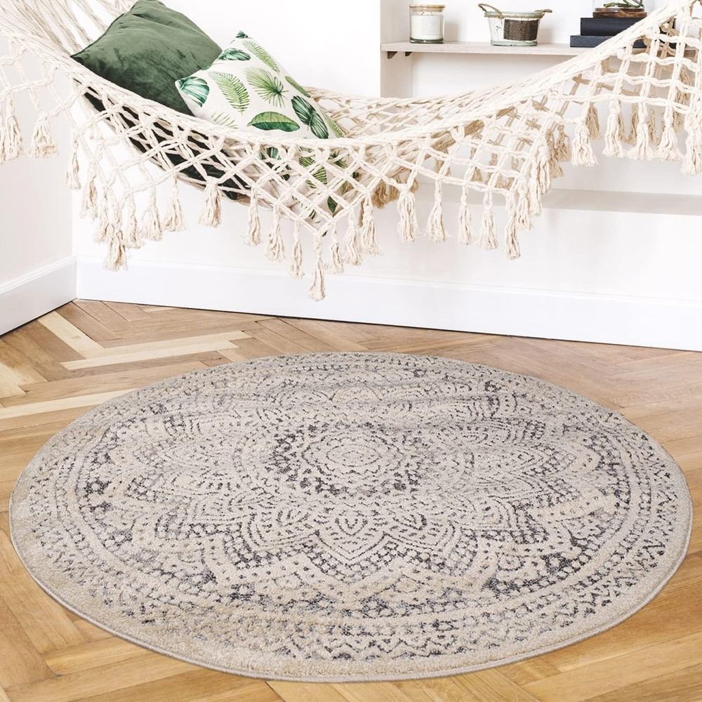 Teppich Rund Wohnzimmer – Beige Grau – 120x120cm Mandala Deko Boho Kurzflor Schlafzimmer Dekoration Läufer – Orientalische Teppiche Bild 1