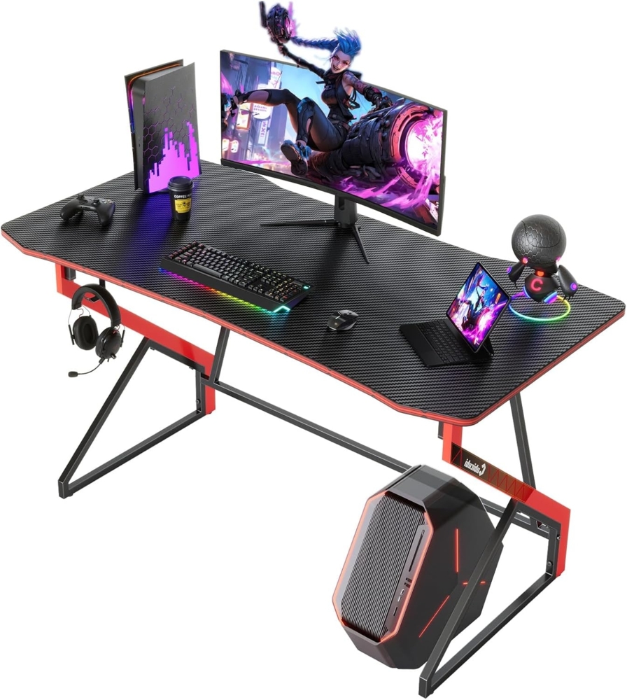 CubiCubi Gaming Schreibtisch, 120 x 60 cm Esport Ergonomischer Computertisch Tisch mit Kohlefaseroberfläche, stabiles Z-Gestell, Kopfhörerhaken zum Spielen, Lernen, Zuhause, Schlafzimmer, Schwarz Bild 1