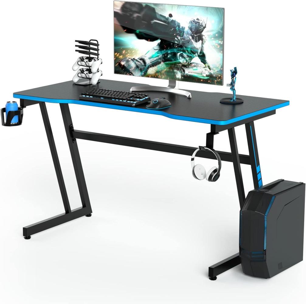 COSTWAY 119cm Gaming Tisch Z-förmig, Computertisch mit Getränkehalter, Kopfhörerhaken, Gamepad-Halterung, Ergonomischer Schreibtisch, Arbeitstisch Büro PC-Tisch (Schwarz-Blau) Bild 1