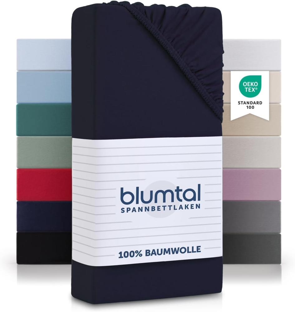 Blumtal® Spannbettlaken 200x220 cm Basics Jersey - Bettbezug 200x220 cm aus 100% Baumwolle - Oeko-TEX zertifiziertes Spannbetttuch 200x220 cm - Spannleintuch 200x220 - Laken - Dark Ocean Blue - Blau Bild 1