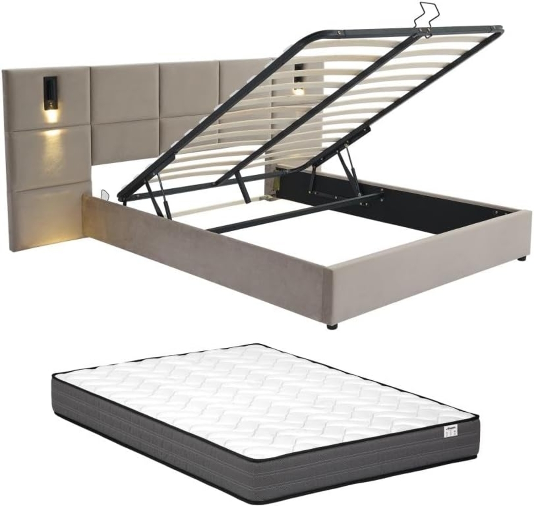 Vente-unique - Bett mit Bettkasten mit Kopfteil & integrierter Lampe + Matratze - 180 x 200 cm - Samt - Taupe - SARETO Bild 1