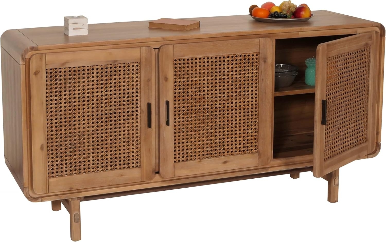 Sideboard HWC-M47, Schrank Kommode Anrichte, Staufächer, Rattan Akazie Massiv-Holz gebeizt 82 x 160 x 45 cm 38kg Bild 1