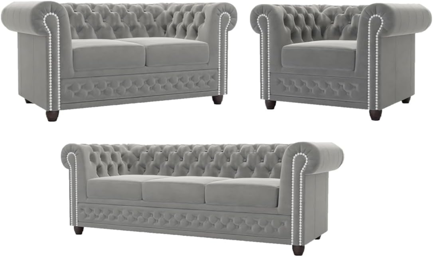 S-Style Möbel Polstergarnitur Chesterfield Lena mit Schlaffunktion 3+2+1 aus Samt-Stoff, Holzfüßen, (3-Sitzer-Sofa mit Schlaffunktion, 2-Sitzer-Sofa mit Schlaffunktion, Sessel), mit Wellenfederung Bild 1