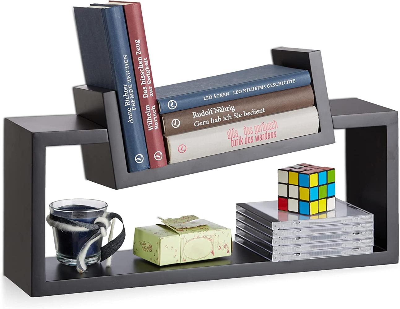 Relaxdays Wandregal 2er Set, modernes Design, Wandboard Holz, Gewürzregal hängend, Regalbrett, schiefe U-Form, schwarz Bild 1