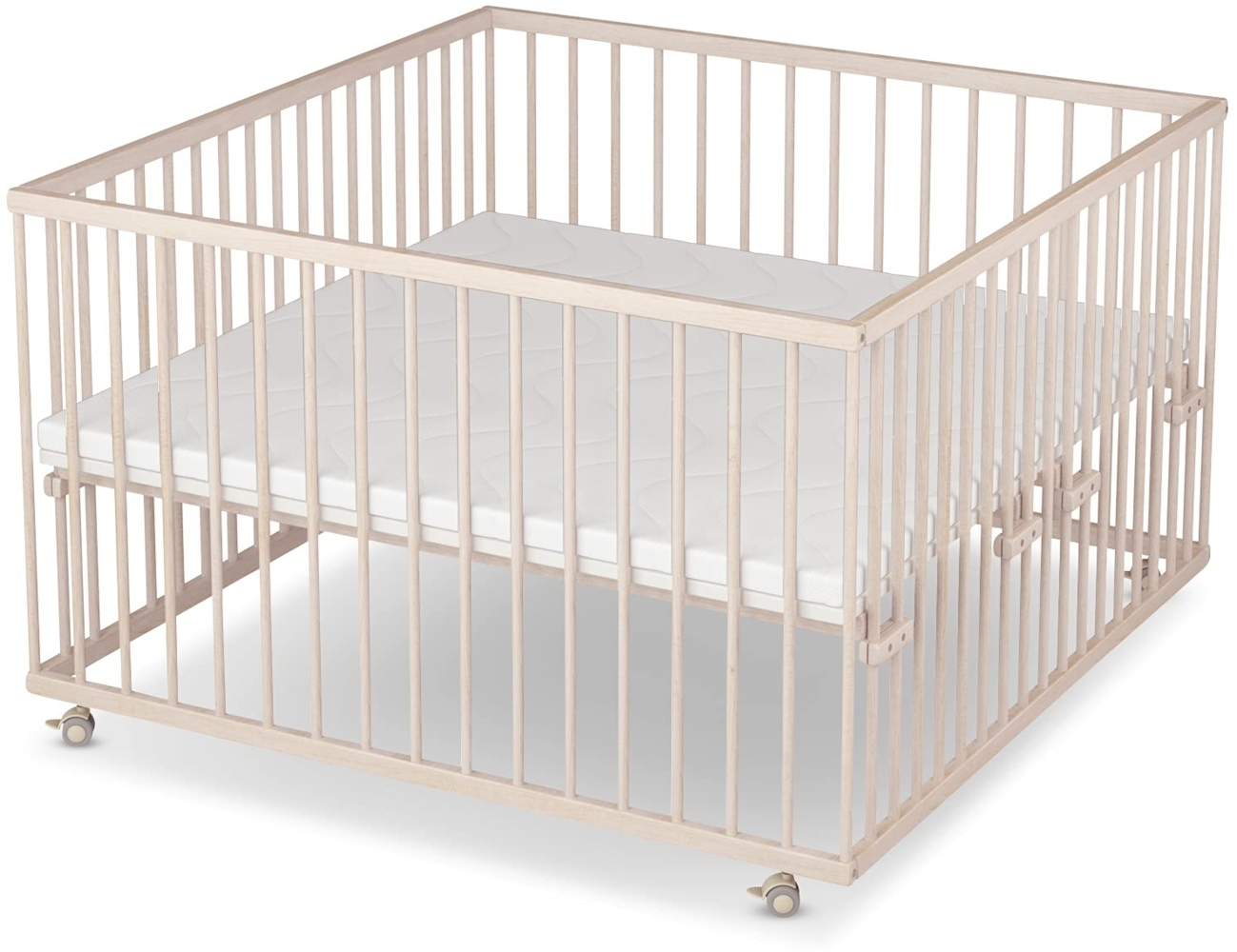 Sämann Laufstall Baby mit Matratze SleepPlus, Lattenrost und Schlupfsprossen | stufenlos höhenverstellbar | Laufgitter Premium | Babybett aus Holz | Krabbelgitter (natur, 120x120 cm) Bild 1