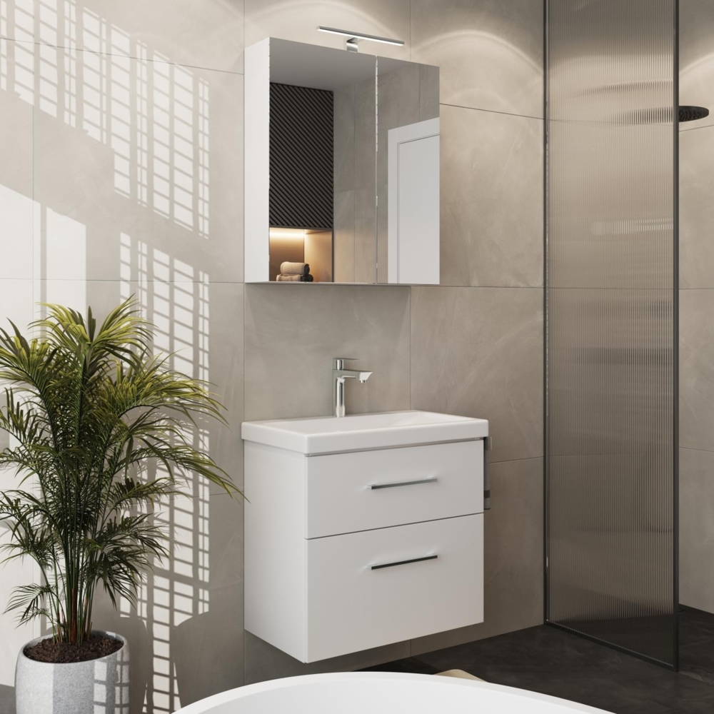 Planetmöbel Waschtischunterschrank 64cm mit Spiegelschrank Badmöbel Set für Badezimmer Gäste WC Weiß Bild 1