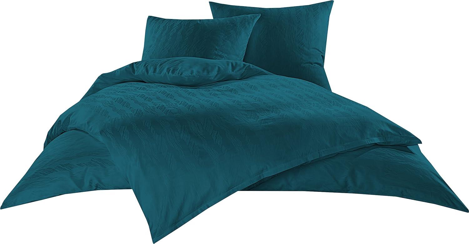 Bettwaesche-mit-Stil Mako Satin Damast Bettwäsche Waves petrolblau Garnitur 240x220cm Bild 1